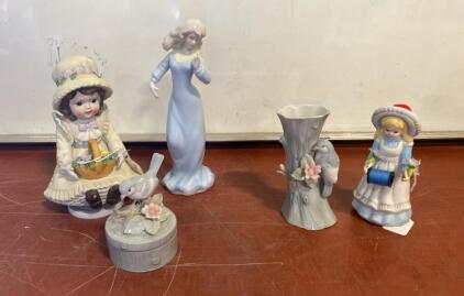 Porcelain Figurine & Collectibles&mdash;Girl Figurines, Bird Trinket Box, Vase, Pastel Glazed Decor