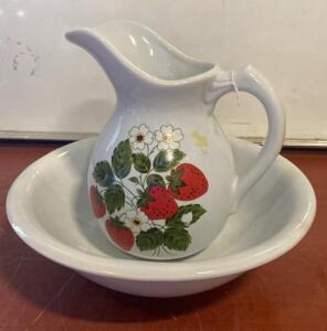 Vintage Ceramic Pitcher & Wash Basin Set &ndash; Strawberry Floral Motif, 14" Bowl, 9" Pitcher