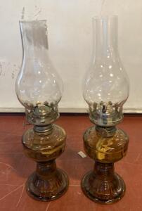 Vintage Amber Glass Table Oil Lamps With Clear Chimneys And Metal Burners