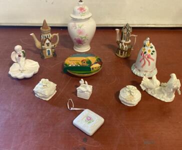 11 Porcelain Figurines, Trinket Boxes, Castle Teapots, Bell, And Amsterdam Plate