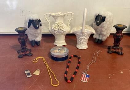Mixed Collectibles- Sheep Figurines, Ornate Candlesticks, Ceramic Vase, Beaded Jewelry, Tin