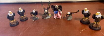 Collection Of 8 Hand-Painted Bald Eagle Figurines With American Flag Detail