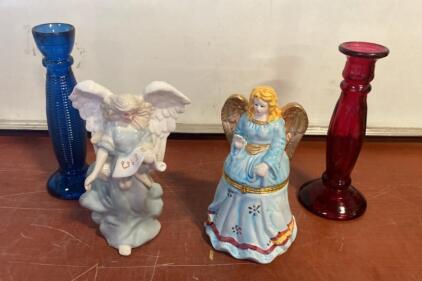 Porcelain Angel Figurine & Trinket Box With Blue And Red Glass Candle Holders