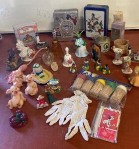 Vintage Collectibles- Oreo & Norman Rockwell Tins, Figurines, Glass Bell, Perfume Atomizer