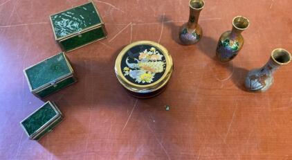 7 Vintage Glass Trinket Boxes, Cloisonn&eacute; Mini Vases & Lacquer Peacock Pill Box