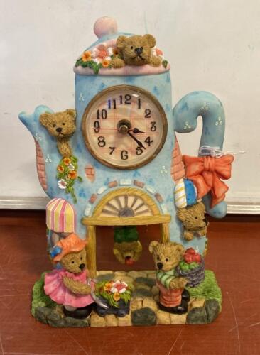 Whimsical Teapot-Shaped Tabletop Clock With Teddy Bear Figurines, Quartz Movement, Multi-Color Design