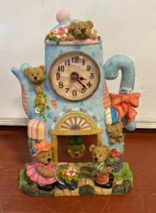 Whimsical Teapot-Shaped Tabletop Clock With Teddy Bear Figurines, Quartz Movement, Multi-Color Design