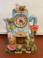 Whimsical Teapot-Shaped Tabletop Clock With Teddy Bear Figurines, Quartz Movement, Multi-Color Design