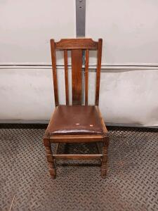 Vintage Wooden Dining Chair With Upholstered Seat, Carved Top Rail, And Turned Legs