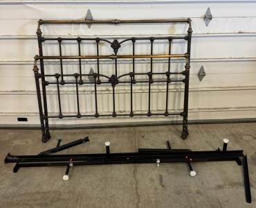 Ornate Metal Queen Bed Frame With Vintage Brass Accents And Decorative Iron Headboard