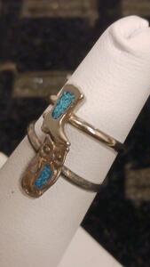 Artisan Silver Owl & Cowboy Boot Ring With Turquoise Inlay