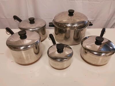 Vintage Revere Ware Copper Clad Stainless Steel 10-Piece Cookware Set, USA, Patent 2368973 Sp-16