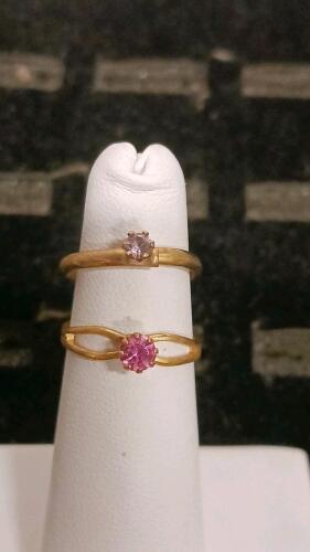 Gold Stackable Solitaire Rings Set, Pink Stones, Prong Setting, 2-Piece, Yellow Gold Finish