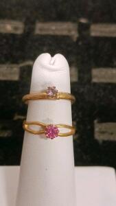 Gold Stackable Solitaire Rings Set, Pink Stones, Prong Setting, 2-Piece, Yellow Gold Finish