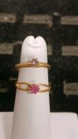 Gold Stackable Solitaire Rings Set, Pink Stones, Prong Setting, 2-Piece, Yellow Gold Finish