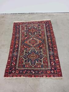 Vintage Persian Heriz Hand-Knotted Wool Rug, 4.5 Ft x 2.5 Ft, Geometric Medallion Design