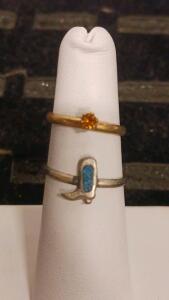 Gold Solitaire Ring With Orange Stone & Silver Turquoise Inlay Ring &ndash; Stackable, Round Cut, Blue Accent