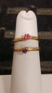 Pair Of Gold Rings With Round Pink Gemstones, Approx. 5MM Each