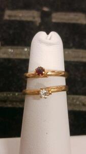 Pair Of Yellow Gold Rings, Red And Clear Gemstones, 6-Prong Setting, Round Cut, Elegant Design