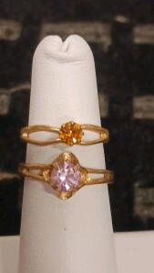 Stackable Gold-Tone Rings Set With 4MM Orange & Pink Round Gemstones, Split Band Prong Setting