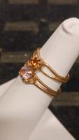 Stackable Gold-Tone Rings Set With 4MM Orange & Pink Round Gemstones, Split Band Prong Setting - 2