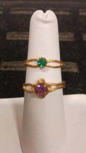 Gold Stackable Rings Set With Green & Pink Gemstones, 4-Prong Setting, Round Cut, 2MM Band