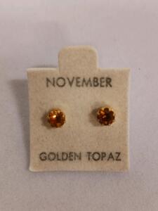 Golden Topaz November Birthstone Stud Earrings, 5MM Round Cut, Gold-Tone Setting, Carded