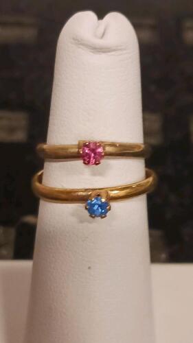 Gold Solitaire Rings With Pink & Blue Stones, Stackable, Simple Round Cut, 10k Style, Prong Set