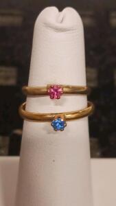 Gold Solitaire Rings With Pink & Blue Stones, Stackable, Simple Round Cut, 10k Style, Prong Set
