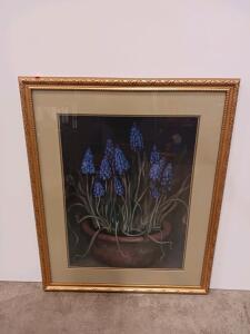Framed Botanical Floral Art Print, Blue Hyacinths, Ornate Gold Frame, Approx. 32"x28" Sp-5