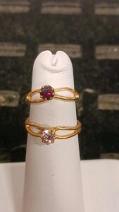 Gold Tone Stackable Rings Set, Red & Pink Gemstones, Double Band, Prong Set Stones, Size Est. 6-7