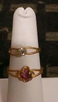 Pair Of Gold Rings &ndash; Solitaire & Floral Design, Clear And Red Stones, Round Cut Gemstones