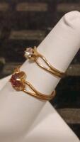 Pair Of Gold Rings &ndash; Solitaire & Floral Design, Clear And Red Stones, Round Cut Gemstones - 3