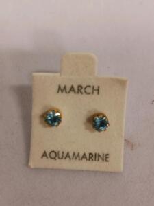 Aquamarine Stud Earrings &ndash; March Birthstone, Round Cut, Gold-Tone Setting
