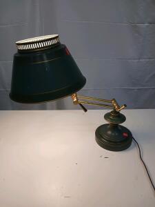 Adjustable Green Metal Banker's Desk Lamp With Brass Swing Arm And Weighted Base, 18" Height
