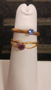 Pair Of Gold Tone Solitaire Rings With Round Blue & Pink Stones, Prong Setting