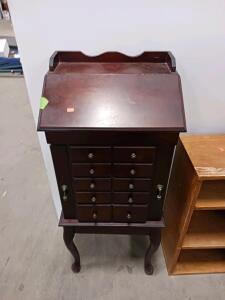 Vintage Wood Jewelry Armoire Chest, Slant-Top, 8 Drawers, Cabriole Legs, Mahogany Finish