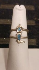 Sterling Silver Cowboy Boot Ring With Turquoise Inlay &ndash; Double Band Southwestern Jewelry