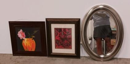 Framed Wall Art & Oval Mirror Set, Decorative Beaded Silver Oval Mirror, Floral Prints, Ornate Frames Sp-5