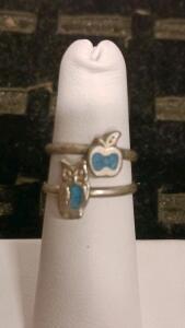 Sterling Silver Double-Band Ring With Owl And Apple Motifs, Blue Enamel Inlay