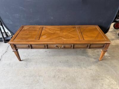 Classic Rectangular Wooden Coffee Table With Parquet Veneer Top And Central Drawer