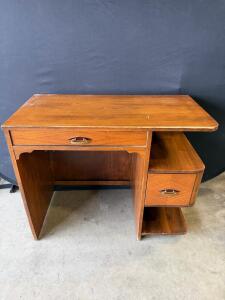 Mid-Century Wooden Desk, 2 Drawers, Rounded Edge, 42"x18"x30" Brass Pulls