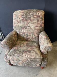 Vintage Upholstered Armchair With Tapestry Parisian Scene, Rolled Arms, Turned Wood Legs