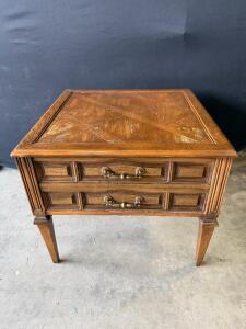 Vintage Wooden Side Table With Two Drawers, Brass Hardware, 22"x26"x22", Traditional Design