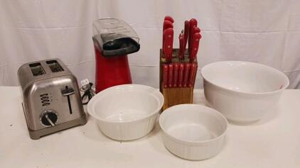 Cuisinart Toaster, Nostalgia Popcorn Maker, Pioneer Woman Knife Set & 3 White Mixing Bowls