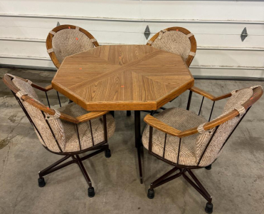 Vintage Oak Laminate Octagonal Table With 4 Swivel Caster Arm Chairs, 1970s-1980s