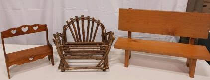 Miniature Wooden Doll Benches Set &ndash; Rustic Twig, Heart Cutout, And Classic Wood Styles, ~16" Long