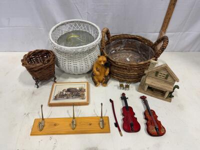 Rustic Basket & Decor Set, Mini Violins, Bear Figure, Cabin, Wildlife Cards, 12 Pcs Sp-13