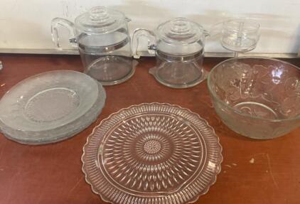 Vintage Clear Pressed Glass Teapots, Compote, Plates, Serving Bowl &ndash; 9-Piece Set ( SP2)
