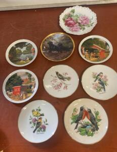 Vintage Collector Decorative Plates Set &ndash; Birds, Flowers, Americana Scenes, Gold Trim, Approx. 8&rdquo;